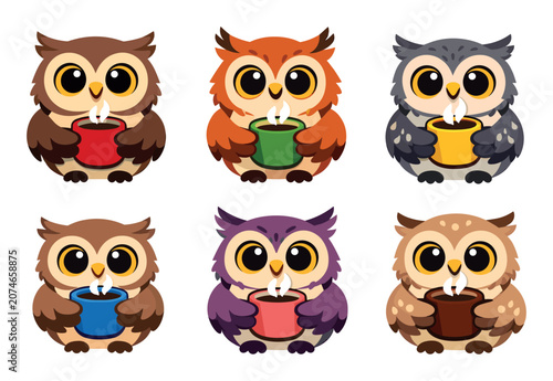 Cartoon owlets in bright hues clutching steaming mugs form a cute collection for cozy designs