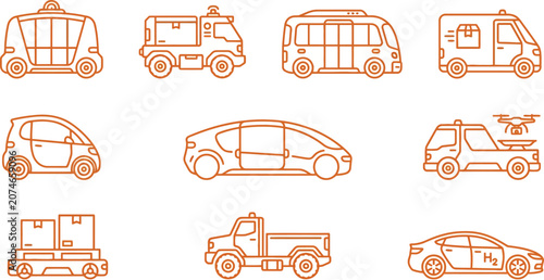 Photos Set of futuristic mobility and autonomous delivery vehicle line icons for modern