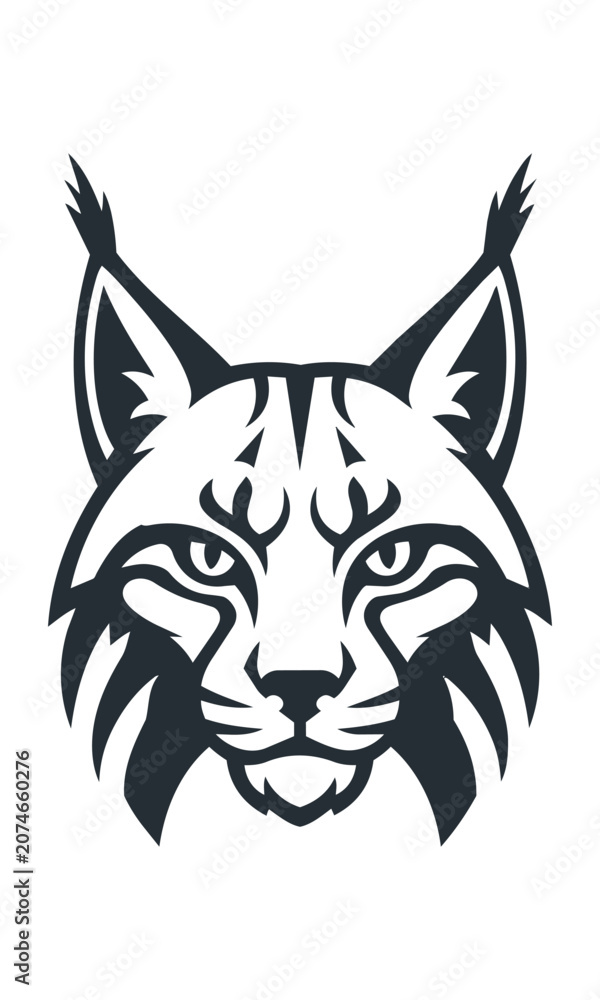 Fototapeta premium Stylized lynx head mascot with pointed ear tufts and geometric fur markings in bold black and white flat graphic design, sports team logo concept