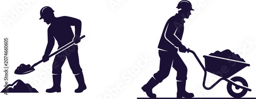 Foto Labor day workers construction silhouette featuring laborers digging and wheelin