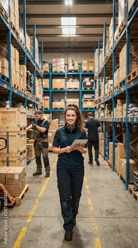 Female warehouse worker smiles while managing inventory with digital tablet