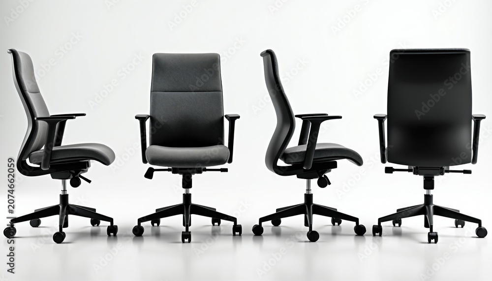Obraz premium Four grey ergonomic office chairs shown from different angles. Modern design furniture for comfortable work. Ideal for business and home office spaces.