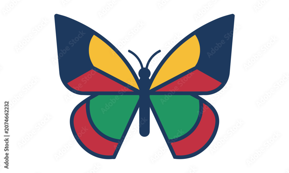 Fototapeta premium Minimalist butterfly icon with symmetrical geometric wings and sleek silhouette in bold flat colors isolated on white background, simple nature design concept