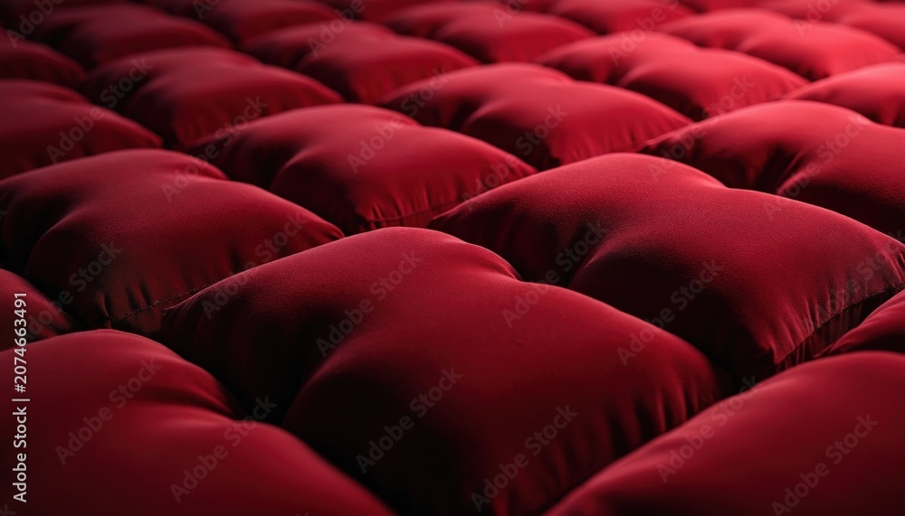 Fototapeta premium Close up of deep red velvet fabric in geometric pattern. Soft texture with smooth surface, offering plush feel. Suitable for backgrounds, upholstery, and decor.
