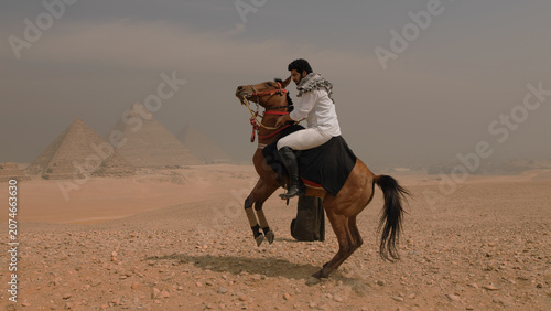 Vászonkép Confident Arab horseman in traditional keffiyeh commanding a rearing horse in th