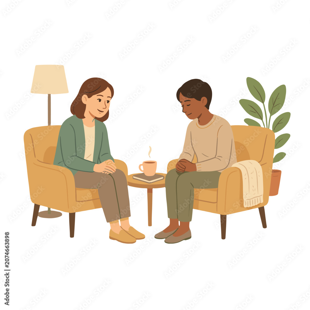 Obraz premium Two people having a discussion in comfortable chairs, with a cup of tea on a small table between them.