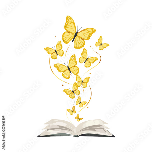 An open book with a swarm of yellow butterflies flying out, symbolizing imagination and creativity.
