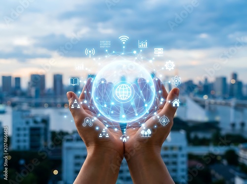 Woman holding smartphone with city skyline reflection.