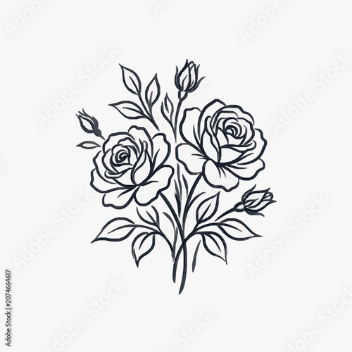 Elegant Line Art Drawing of a Rose Bouquet with Buds.