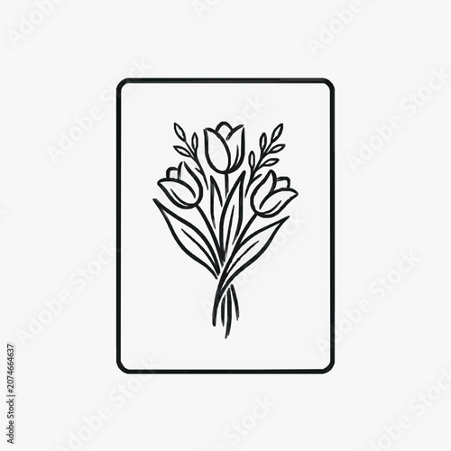 Elegant line art illustration of a bouquet of tulips with leaves and branches.