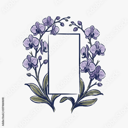 Elegant line art wisteria vine with purple blossoms.