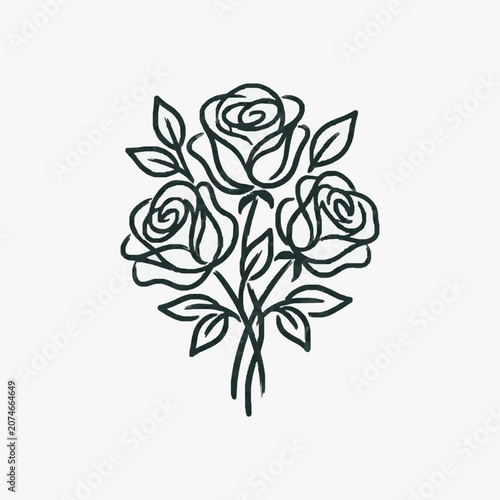 Elegant line art illustration of a bouquet of three blooming roses with leaves.