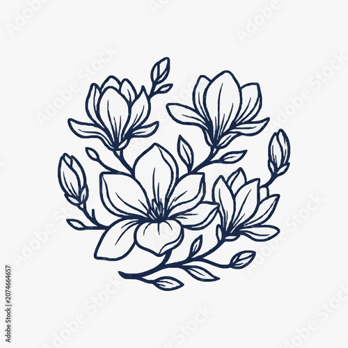 Elegant Magnolia Flower Illustration Line Art.
