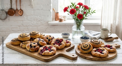 Fresh homemade pastries with blueberries raspberries and jam filling arranged on rustic wooden boards with flowers in background natural light cozy bakery scene.
