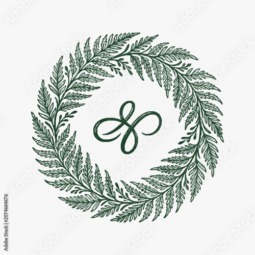 Elegant minimalist monogram with laurel wreath design.