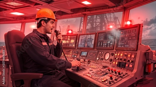 Ship captain communicating emergency situation via radio on bridge during red alert. Maritime officer managing critical system failure on vessel at sea.