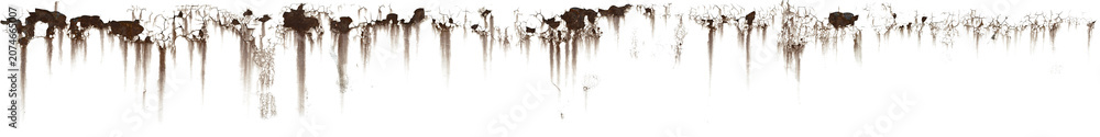 Fototapeta premium Wide Rust Leak Decal Panoramic Trim, Metallic Corrosion and Weathered Iron Drip Alpha Texture isolated PNG on transparent background