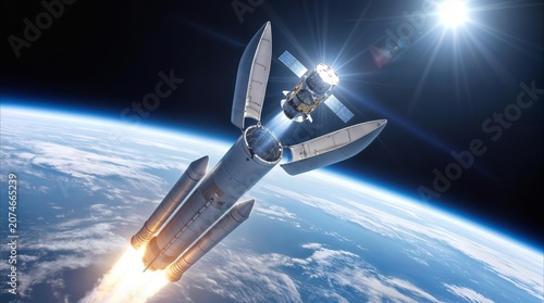 Rocket deploying satellite into Earth orbit. Spacecraft launching payload during mission above planet atmosphere.