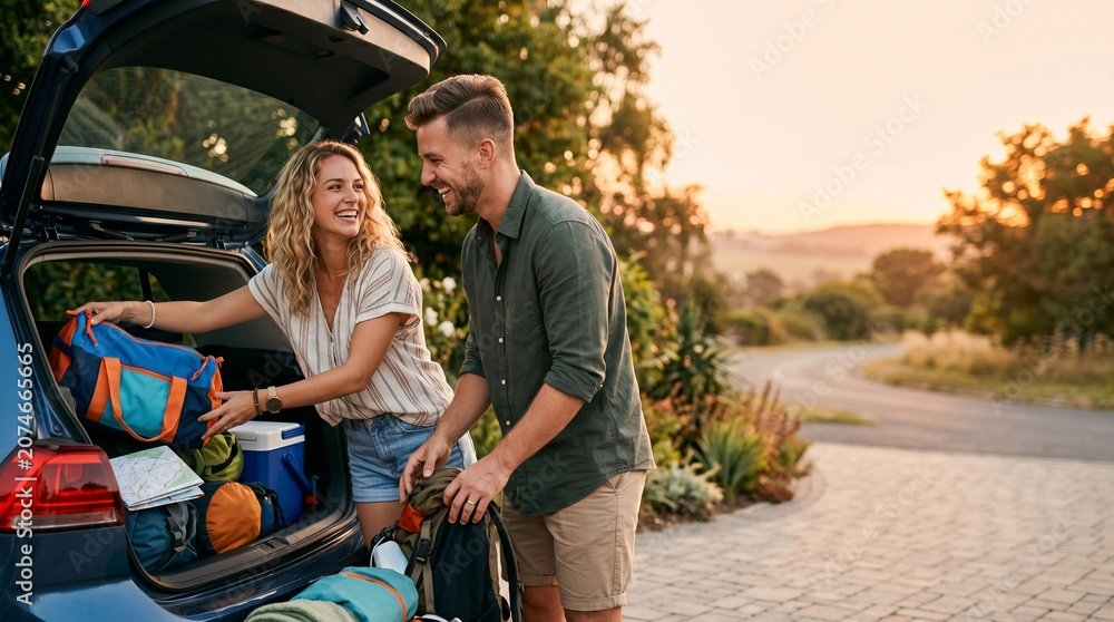 Fototapeta premium Happy young couple packing colorful travel bags into car trunk for road trip at sunset. Smiling caucasian man and woman loading luggage into vehicle preparing for summer vacation holiday.