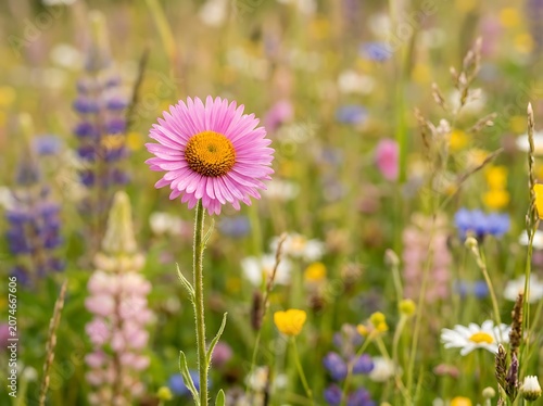 Pink daisy flower in natural meadow closeup.