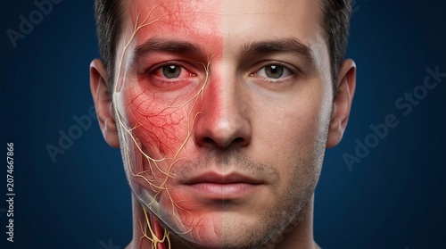 Split face portrait of a man showing healthy skin versus inflamed skin with visible blood vessels and nerves