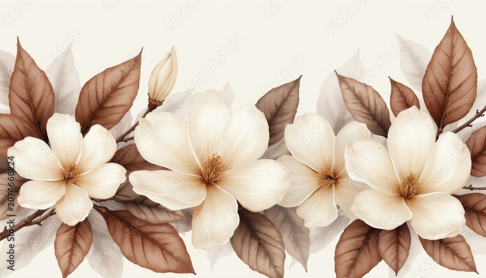 Fototapeta premium Magnolia flowers and brown leaves painted in watercolor style. Delicate blossoms with golden centers and textured leaves arranged on branches with a light neutral background for a soft aesthetic.