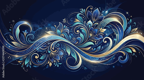 Obraz na plátně Elegant blue and gold floral flourish with intricate filigree patterns on a dark