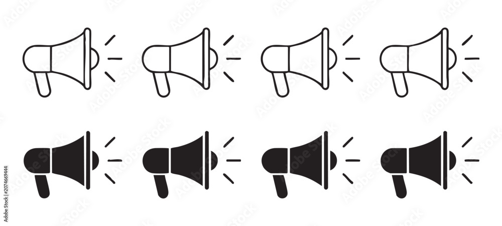 Fototapeta premium Megaphone icon set on transparent background, with outline and solid speaker symbol, vector.