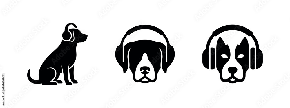 Obraz premium Dog wearing headphones icons set, pets listening to music or audio concept.