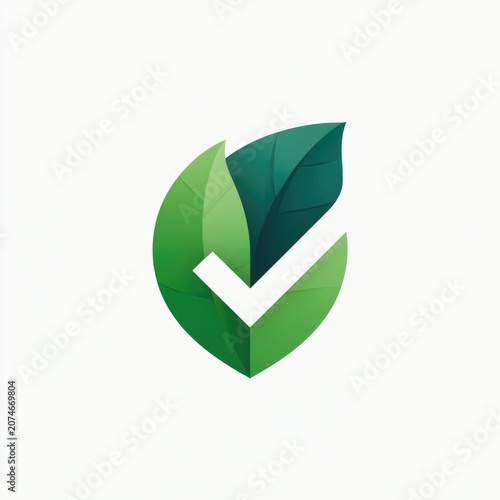 Abstract green leaf check mark emblem isolated on white background for eco brand and natural certification