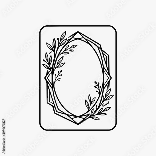 Geometric Oval Frame with Delicate Botanical Branches Hand Drawn Illustration.