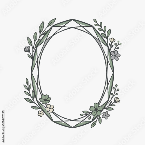 Geometric Oval Frame Decorated with Delicate Flowers and Leaves.