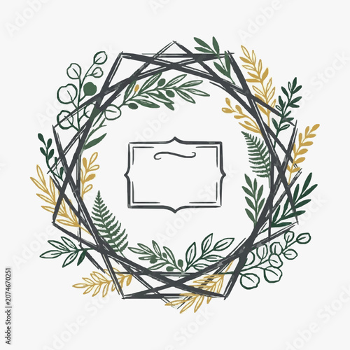 Geometric Wreath with Botanical Elements and Label.