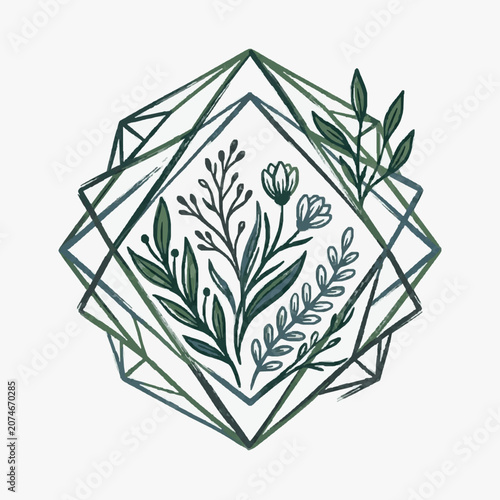 Geometric Terrarium with Delicate Botanical Illustration Inside.