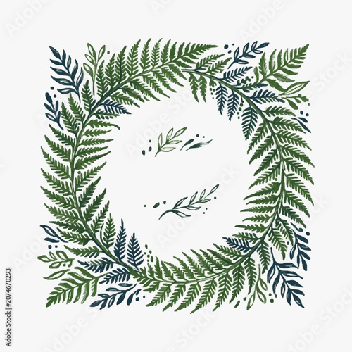 Green fern leaves arranged in a circular wreath with small sprigs in the center.