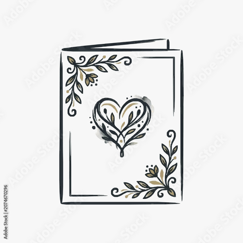 Hand drawn artistic heart on a greeting card with floral elements.