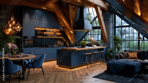 This stylish loft interior serves as a design background, blending modern blue cabinetry with rustic wooden beams and large windows for natural light.