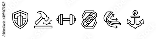 Obraz na płótnie A collection of six outline icons representing strength and reliability, including symbols for a shield, hammer, dumbbell, chain, material flexibility, and an anchor