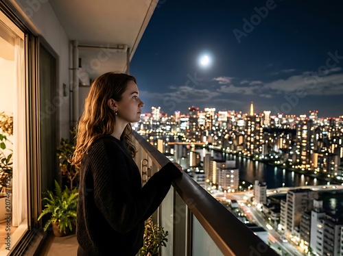 Couple enjoying nighttime cityscape from balcony.