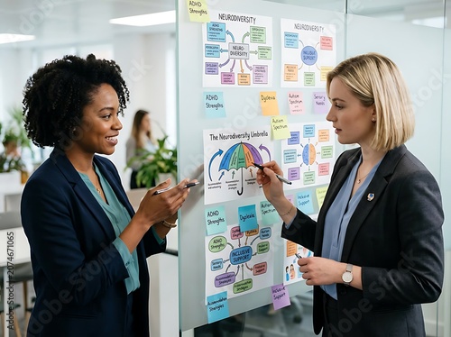 Two businesswomen discussing sticky notes on glass wall.