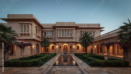 Palatial mansion exterior displays intricate stone carvings and a manicured garden centered around a water pond.