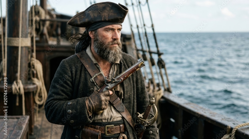 Fototapeta premium Close-up portrait of a weathered pirate on a ship at sea, dressed in historical attire and holding a flintlock pistol and sword, with a ship's flag and ocean in the background