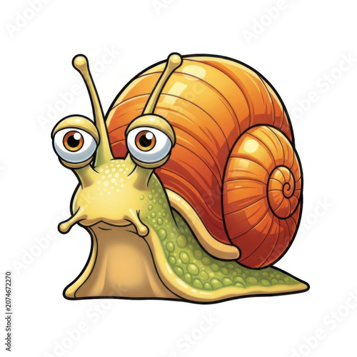 Cute cartoon snail character with a big orange shell and green body isolated in a fun friendly artistic style