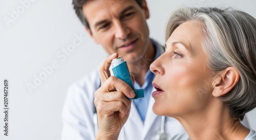 A male doctor helps an elderly woman with an inhaler to treat respiratory conditions. A health care worker helps an elderly patient with asthma and breathing problems.