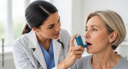 A female doctor helps an elderly woman with an inhaler to treat respiratory conditions. A health care worker helps an elderly patient with asthma and breathing problems.