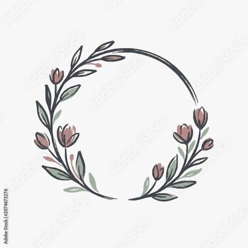 Hand Drawn Floral Wreath with Delicate Flowers and Leaves.