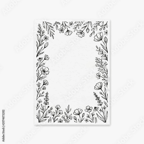 Hand drawn floral border with delicate flowers and leaves in black and white.