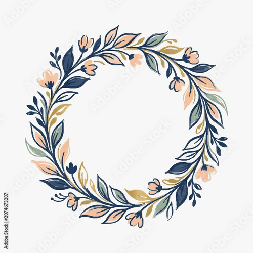Hand Drawn Floral Wreath with Delicate Flowers and Leaves.