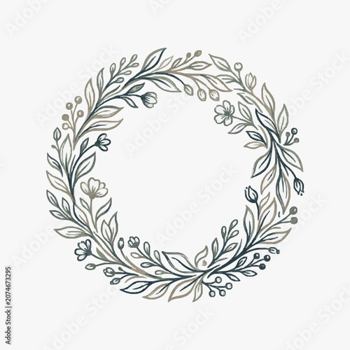 Hand Drawn Floral Wreath with Delicate Leaves and Small Flowers.
