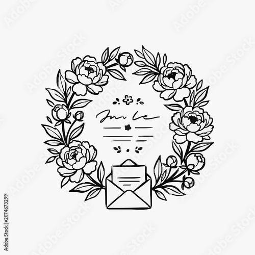 Hand drawn floral wreath with envelope and handwritten text.